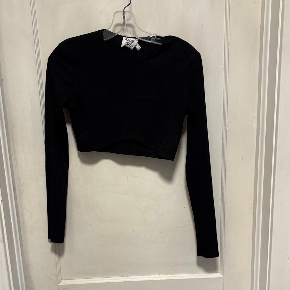 Princess Polly Black Ribbed Long Sleeve Crop Top Size 6